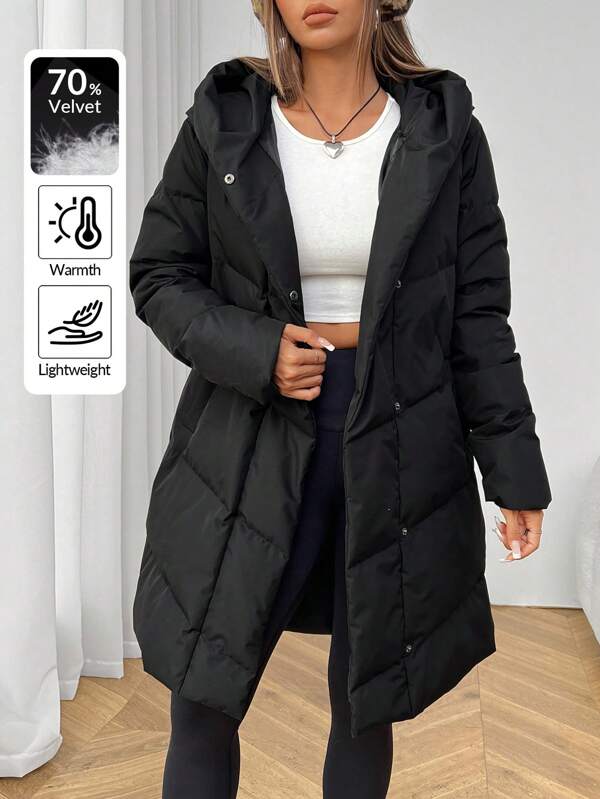 SHEIN PETITE Warm Women's Hooded Long Down& Feathers Jacket
