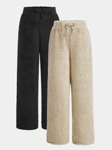 Tween Girls Solid Color Teddy Fleece Drawstring Waist Teddy Wide Leg Pants 2Pieces/Set, Warm For Autumn Winter - Multicolor - View 1
