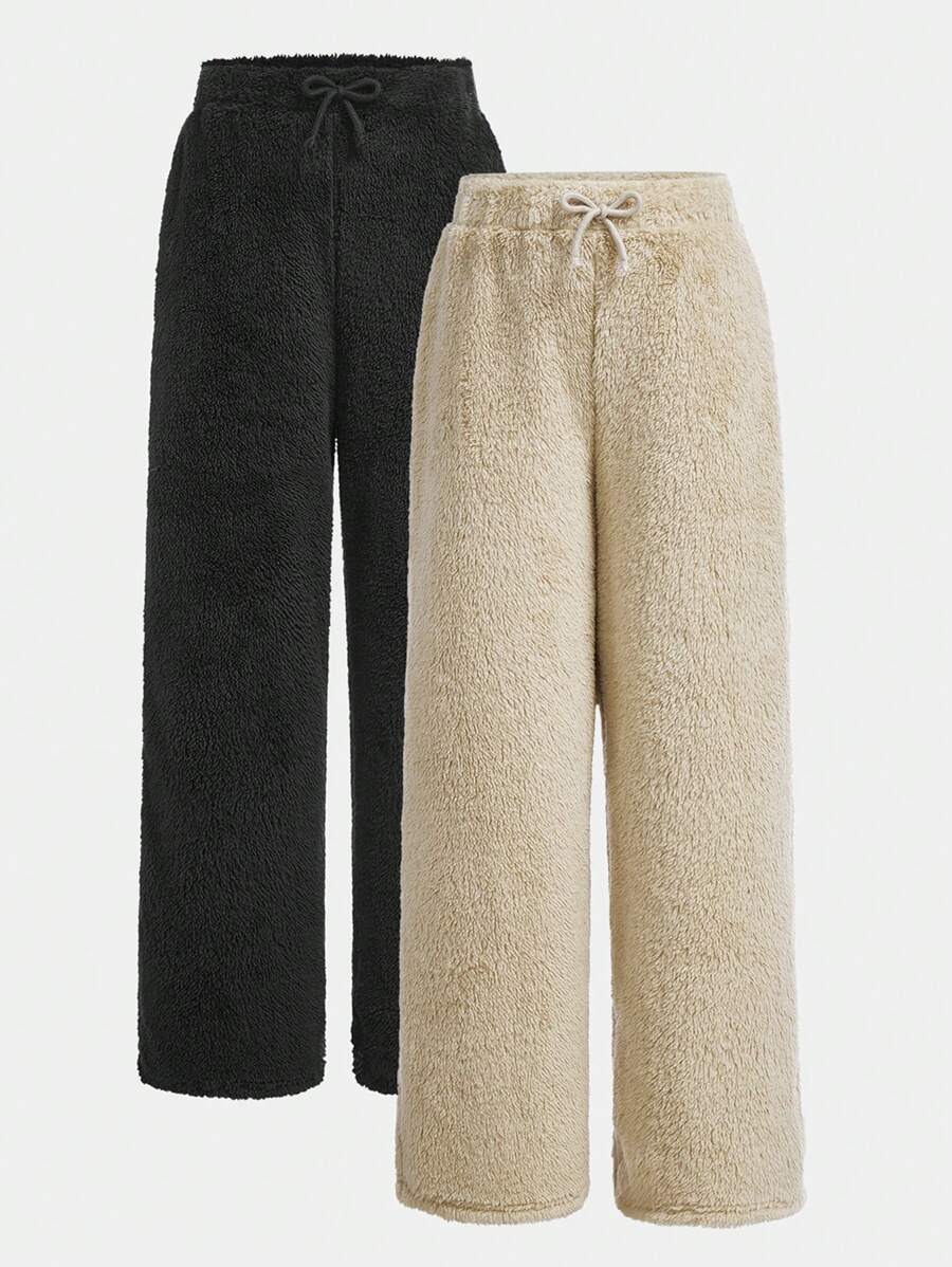 Tween Girls Solid Color Teddy Fleece Drawstring Waist Teddy Wide Leg Pants 2Pieces/Set, Warm For Autumn Winter - Multicolor - View 1