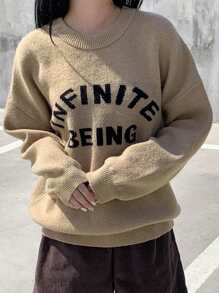DAZY Colorblock Letter Print Round Neck Long Sleeve Loose Women Sweater - Khaki - View 7