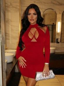 SHEIN SXY Vestido ajustado asimétrico y calado para una cita sexy - Burdeos - Ver 5