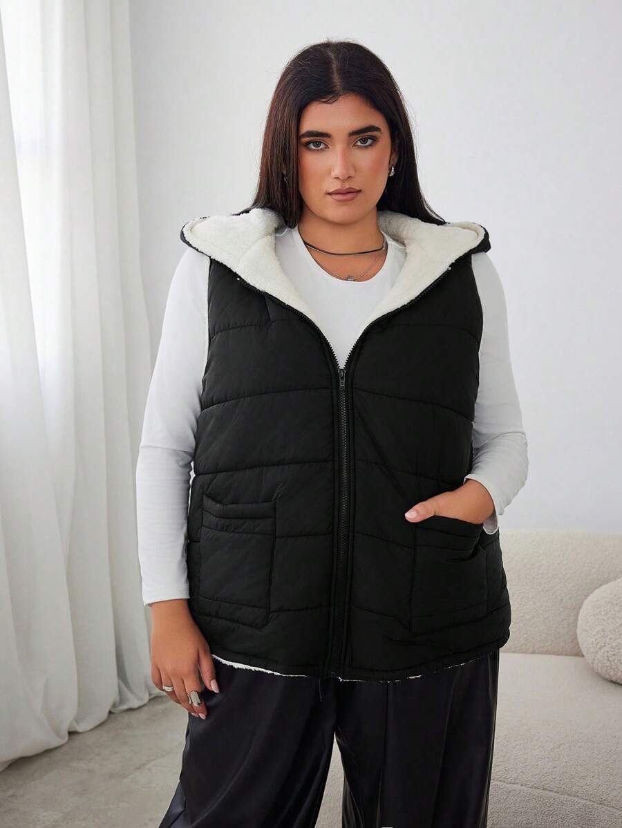 SHEIN EZwear Plus Size Women's Black Fuzzy Sleeveless Vest Jacket - Black and White - View 1