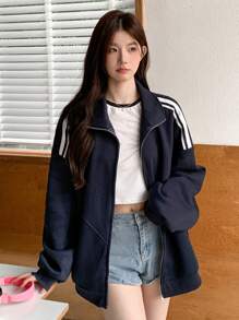 DAZY Women Stripe Patchwork Zip-Up Casual Loose Fleece Jacket, Autumn/Winter Women Coats