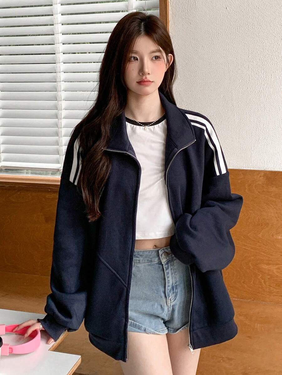 DAZY Women Stripe Patchwork Zip-Up Casual Loose Fleece Jacket, Autumn/Winter Women Coats