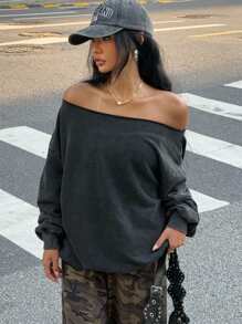 Muchica 1st Dames Distressed Off Shoulder Losse Sweatshirt, Lange Mouw Tops
