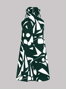 SHEIN Unity 女式夏季休闲全印花挂脖式度假连衣裙 - 墨綠色 - 查看 4