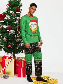 GARFIELD | SHEIN 男士卡通圣诞印花撞色领 T 恤和裤子家居服套装，可作为礼物 - 綠色 - 查看 7