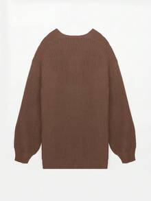 1件女士纯色休闲长袖灯笼袖针织开衫，秋冬季长袖上衣 - 棕色 - 查看 6