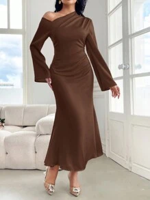 Modelyn Women's Solid Color Off Shoulder Loose Long Sleeve Bodycon Dress, With Ruffles, Wedding/Occasion Dress Long Evening Dresses