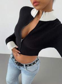 Aloruh Women's Fashionable Casual Black & White Contrast Zip Up Front Crop Knit Sweater, New Arrival For Autumn/Winter - Multicolor - View 8