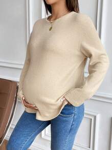 SHEIN 孕妇装女士纯色圆领露背蝙蝠袖休闲日常 T 恤，秋季服装长袖 - 卡其色 - 查看 4