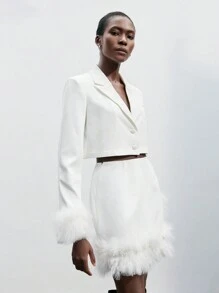 SHEIN Maija Modische weiße flauschige Patchwork Kurzblazer, elegante und lässige Oberbekleidung für Damen, Herbst/Winter - Weiss - Übersicht 3