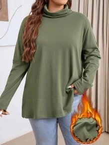 SHEIN LUNE 大码女式纯色围脖领落肩长袖休闲宽松 T 恤，秋冬季圣诞女式上衣圣诞服装女式新年女装绿色节日装 - 綠色 - 查看 4