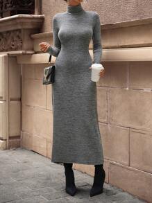 RueChic High Collar, Loose And High-Rise Gray Comfortable, Soft And Skin-Friendly Dress With Belt - Grey - View 3