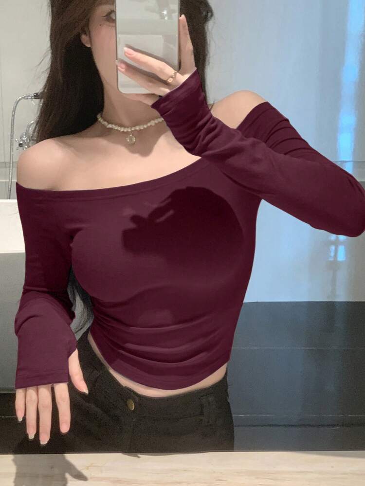 Women's Off Shoulder Tight Fit T-Shirt, Chinese New Year, Spring/Summer,Fall Long Sleeve Going Out Tops Women