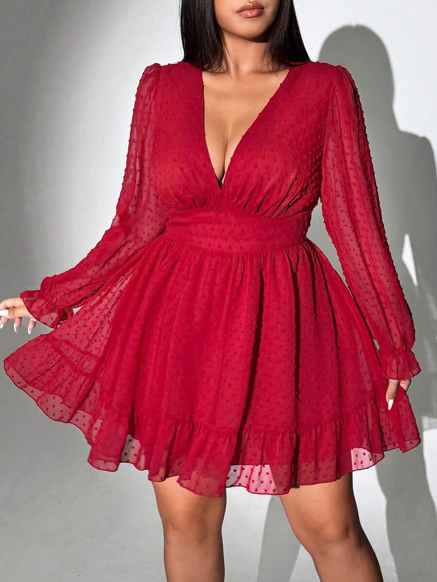 Viva Relle Valentine Plus-Size Women's New Year Red Deep V-Neck A-Line Chiffon Embroidered Dress Fall - Burgundy - View 1