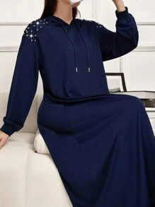 Mulvari Women's Autumn/Winter Beaded Decoration Drop Shoulder Long Sleeve Loose Drawstring Hooded Casual Sweatshirt Dress Pullover Fall Outfit