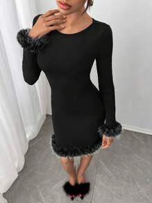 SHEIN SXY 秋冬款女士性感派对蓬松拼接短款连衣裙 - 黑色 - 查看 3