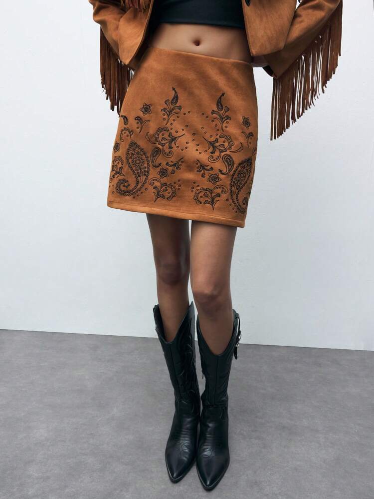 SHEIN Maija Women's Brown Bohemian Paisley Embroidery Skirt, Vintage Elegant Fashion For Autumn/Winter