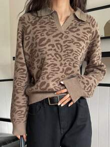 DAZY Jersey casual con mangas raglán con estampado de leopardo para mujer, otoño/invierno - Gris - Ver 4