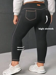 SHEIN CURVE+ Quần legging túi vá đường khâu phía trên Curve Plus Size - màu đen - Xem 1