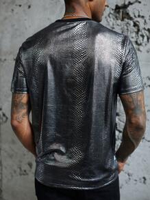 Manfinity AFTRDRK Men Fashionable Metallic Crocodile Skin Pattern Short Sleeve T-Shirt, Punk, For Going Out, Boyfriend Gift - Silver - View 2