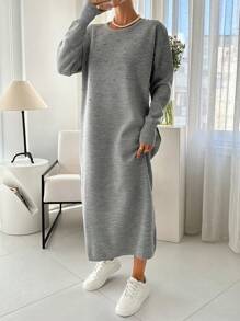 RueChic Stone And Pearl Oversize Maxi Pullover Dress - Grey - View 3