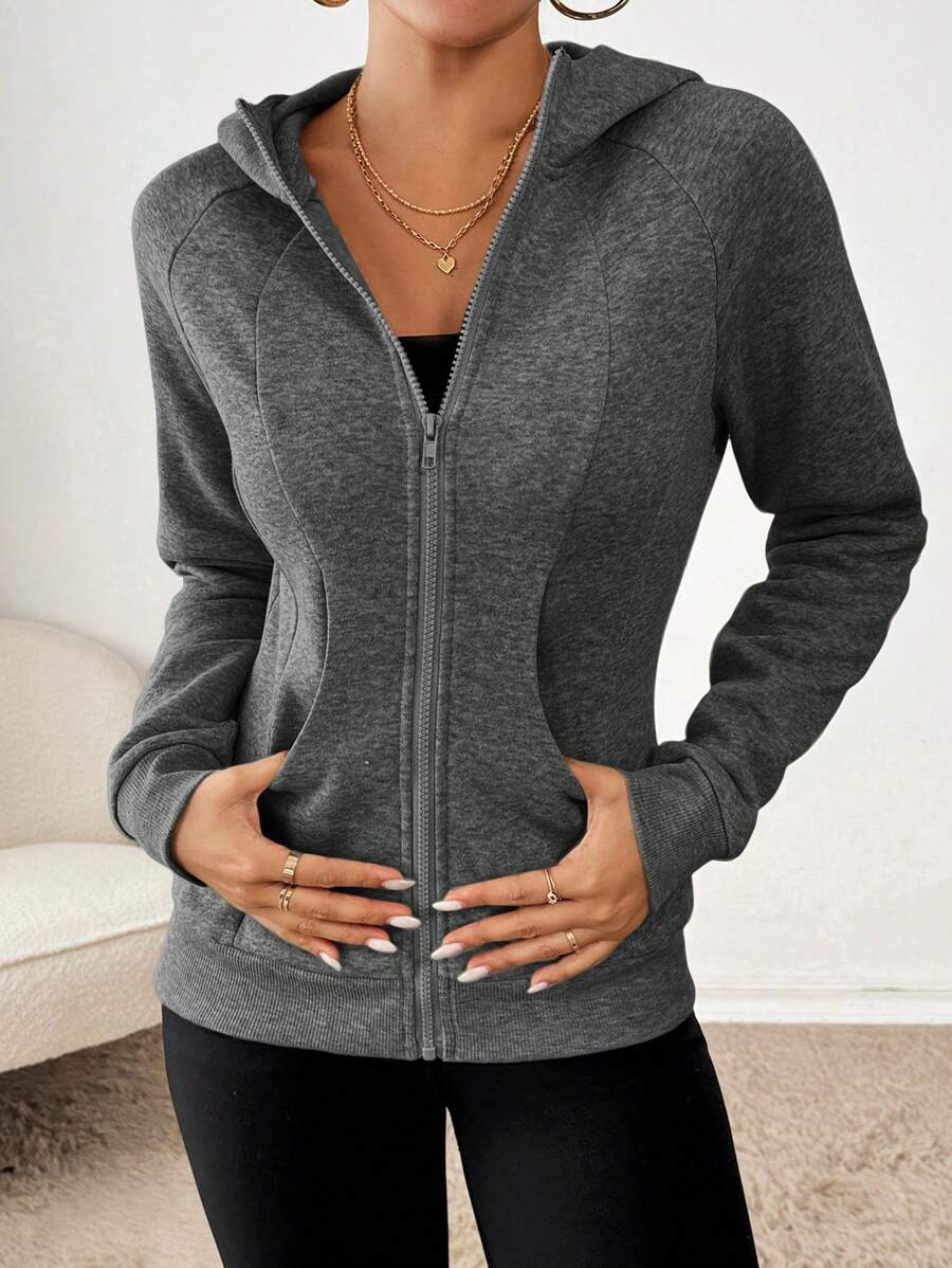 SHEIN Essnce Women's Casual Fashion Slim Fit Regular Hooded Long Sleeve Coat Zip Up Women Hoodie Essentials Hoodie Women Tracksuit Workout Jacket Fall Women Clothes - Dark Grey - View 1