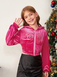 SHEIN Tween Girls 纯色水钻装饰不对称下摆连帽休闲运动衫，适合圣诞节、派对装、日常装、学校装 - 玫紅色 - 查看 9