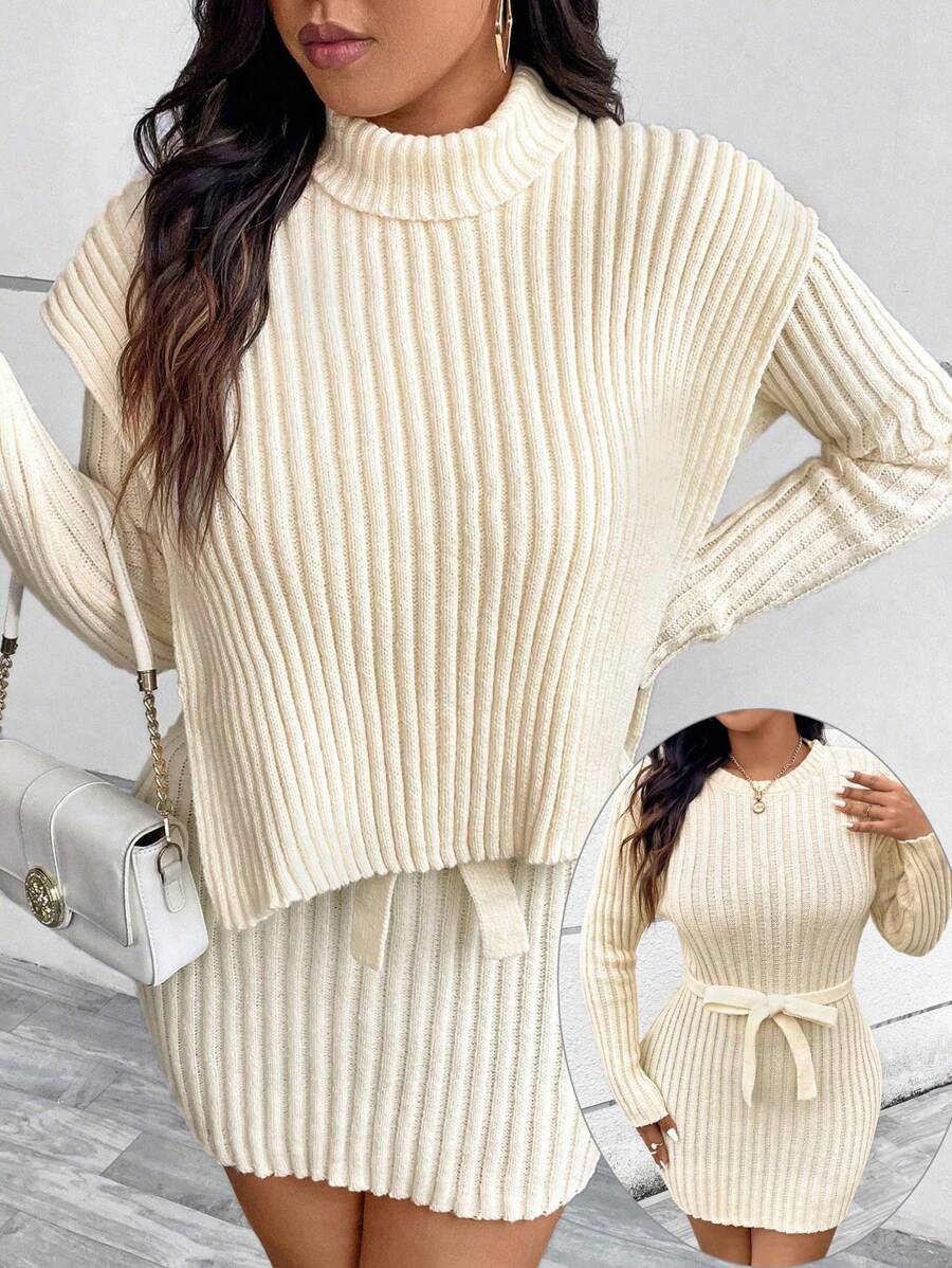EMERY ROSE 2pcs/Set Plus Size Women's Cream White Crew Neck Long Sleeve Dress & Collared Cardigan Holiday Elegant Outfit - White - View 1