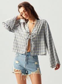 Bohemela 1 件女士休闲平纹编织长袖前系带细节宽松衬衫，适合度假