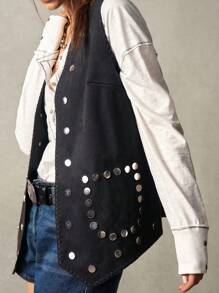 Bohemela 1pc Women Solid Woven Loose Rivet Decor Vest, Suitable For Holiday