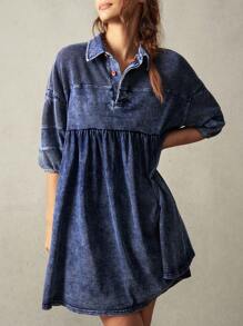 Bohemela Women's Casual Solid Color Woven Denim Short Sleeve Turndown Collar Long Shirt