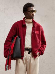 AKNOTIC Strickjacke für Herren mit Stehkragen, offenem Vorderteil, Dropped Shoulder, Langarm, kurz, locker, Fleece, geeignet für Herbst/Winter, Lässig und Party Anlässe, rot mit Sherpa-Stoff, Buchstaben Logo und Metalreißverschluss - Rot - Übersicht 5