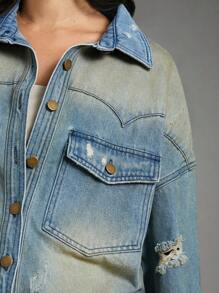 SHEIN Unity Premium Denim Western Tinted Ripped Denim Shacket - Medium Wash - View 7