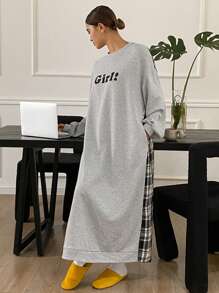 DAZY 字母格纹印花拼接宽松休闲休闲连衣裙 - 灰色 - 查看 2