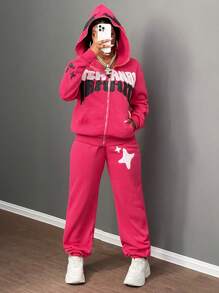 Slaydiva 秋冬新款休闲街头连帽拉链长袖露肩立体印花口号Logo星星卫衣打底裤长裤玫红色天鹅绒运动衫套装女卫衣 - 玫紅色 - 查看 2