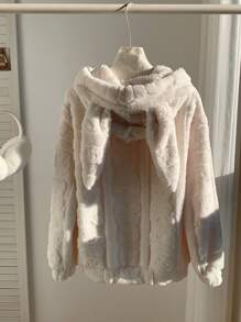 Comfortcana 1 件女式毛茸茸纯色连帽长袖运动衫，秋冬款 - 白色 - 查看 2