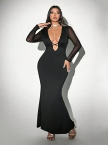 Viva Relle 大码性感深 V 领网眼撞色紧身连衣裙，秋季 - 黑色 - 查看 2