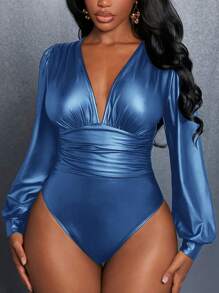 Slaydiva Elegant Deep V-Neck Bubble Sleeve & Waist Pleated Black Pu Coated Bodycon Bodysuit For Women