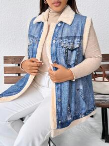 SHEIN Essnce 大码女式秋冬休闲时尚街头蓝色大码保暖牛仔效果背心夹克，秋季女装，冬季外套，羊毛夹克，保暖上衣，街头服饰，女式背心，Y2k - 藍色 - 查看 1