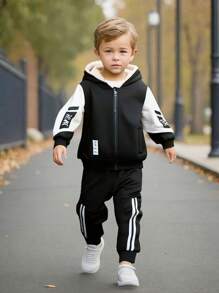 2 件套年轻男孩秋冬时尚服装：拉链连帽夹克，配色块设计、仿口袋和字母装饰，搭配带条纹饰边的保暖内衬运动裤，适合休闲、学校、活动、保暖 - 黑色 - 查看 5
