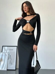 Aloruh Damen neue Metallic-Schleife Akzent Ausschnitt körperbetontes Mini-Kleid - Schwarz - Übersicht 5