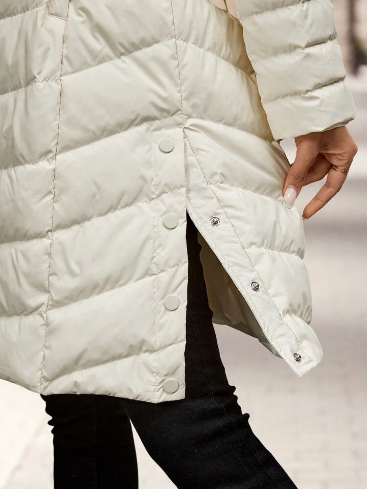 Women's Solid Color Front Zip-Up Long Sleeve Pockets Fluffy Patchwork Hooded Down& Feathers Jacket