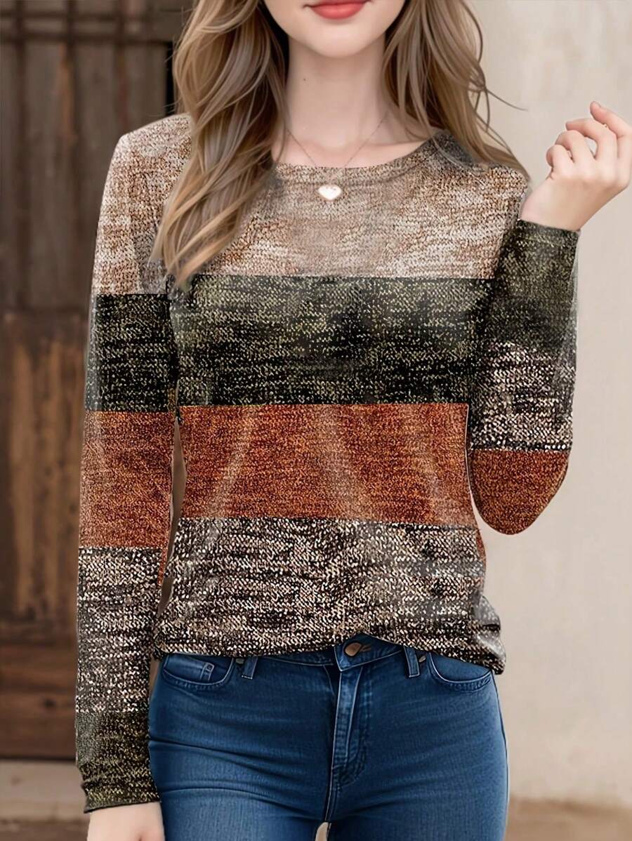 INAWLY 休闲时尚圆领撞色条纹印花 T 恤图案 T 恤女式上衣 - 彩色 - 查看 1