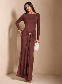 SHEIN BAE Vestido maxi de color marrón sólido/café con cuello redondo, manga larga, fruncido, ajustado y con cola de pez, adecuado para fiesta de cóctel, cita romántica, vestido de otoño/invierno para capas, fiesta, dama de honor de boda, noche, Halloween, Navidad - Marrón - Ver 3
