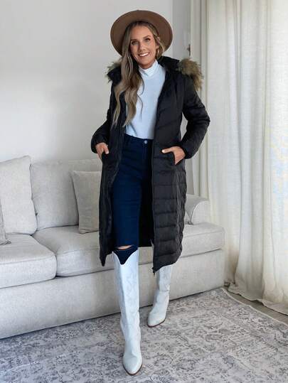 SHEIN LUNE Women's Winter Long Sleeve Fluffy Hooded Down& Feathers,Long Women Coats