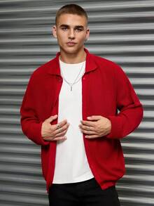 SHEIN Cottnline Men's Comfortable Casual Collared Cardigan Sweater - Red - View 5