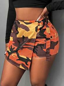 Slaydiva 夏季休闲街头前翻领装饰短裤迷彩裤裙女士短裤-H - 橘色 - 查看 1