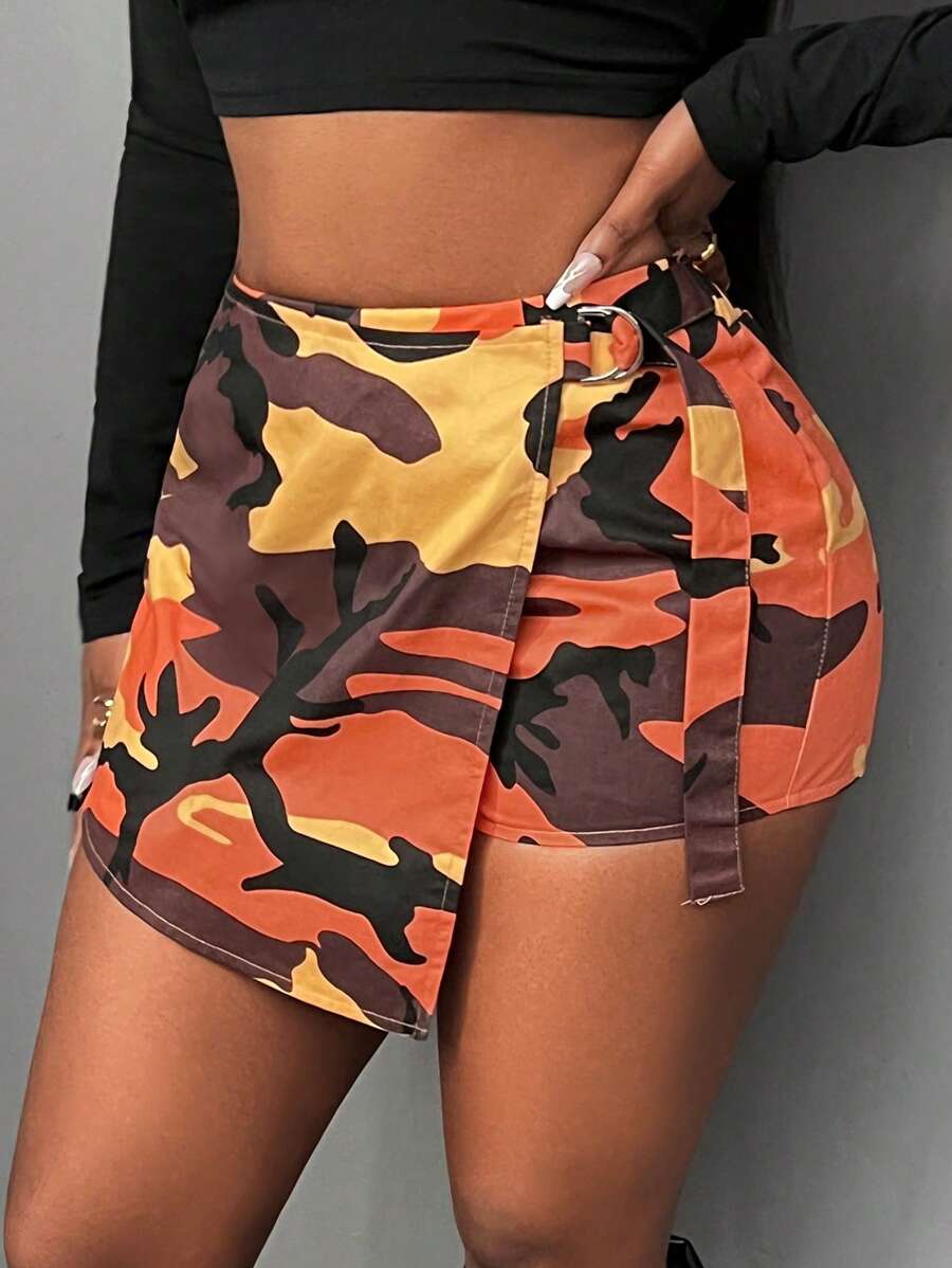 Slaydiva 夏季休闲街头前翻领装饰短裤迷彩裤裙女士短裤-H - 橘色 - 查看 1